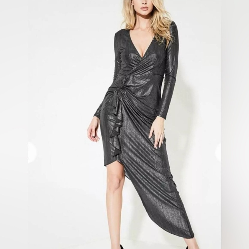 GUESS BLACK & SILVER LS RIVIERA LONG SLEEVE SEXY Bodycon Midi DRESS XS